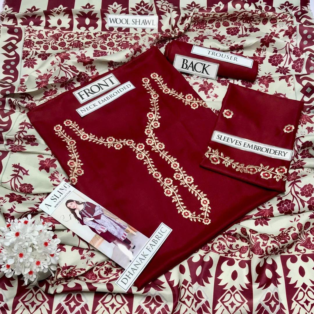 Regal Maroon Dhanak Embroidered 3-Piece Suit with Marina Digital Dupatta