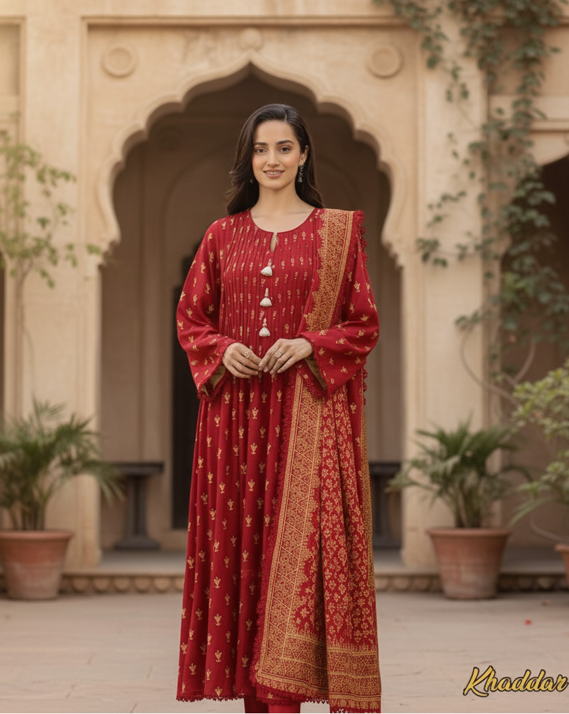 💫 Crimson Bloom – Digital Printed Khaddar 3-Piece Suit