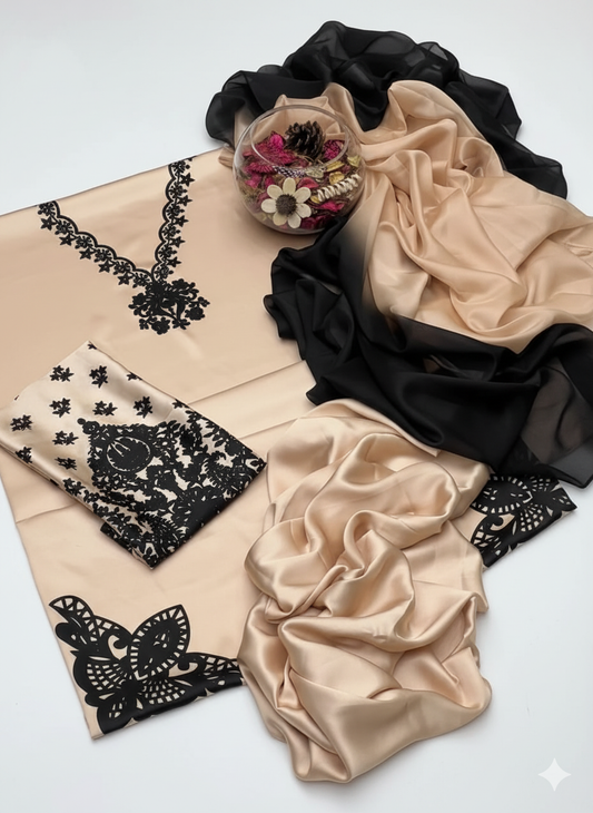 Beige Shamoz Silk 3-Piece Suit – Digital Print Shirt, Trouser & Dupatta