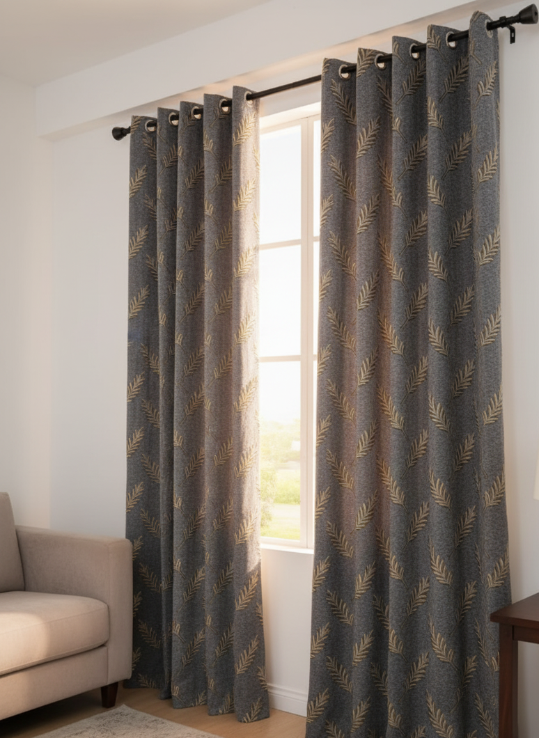 🌟 Elegant Grey Jacquard Printed Curtains – Stylish, Easy to Hang & Wash