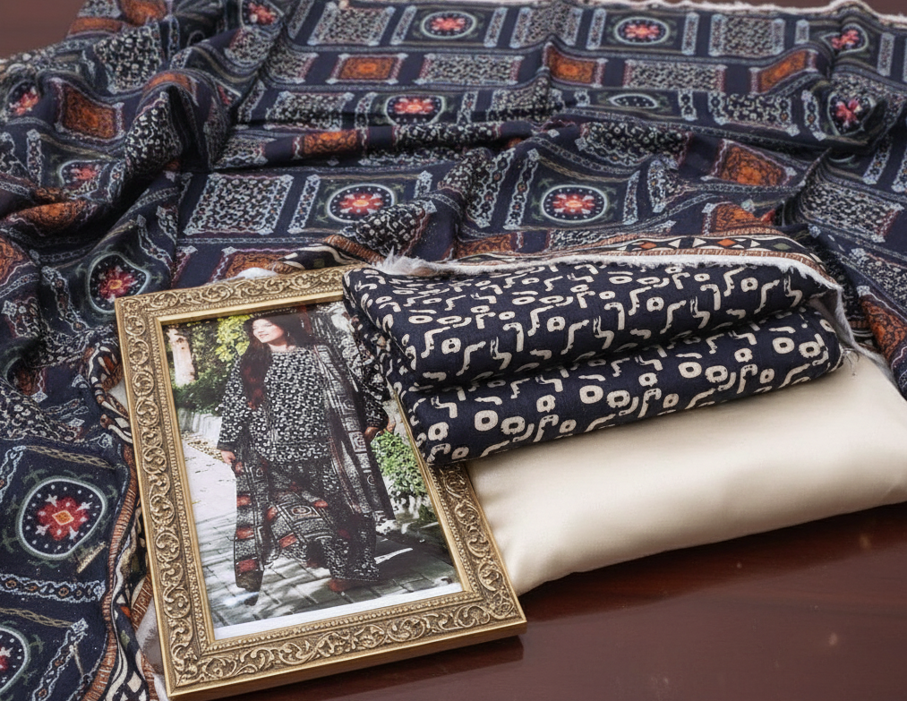 Black Digital Khaddar 3-Piece Set – Printed Shirt, Trouser & Dupatta