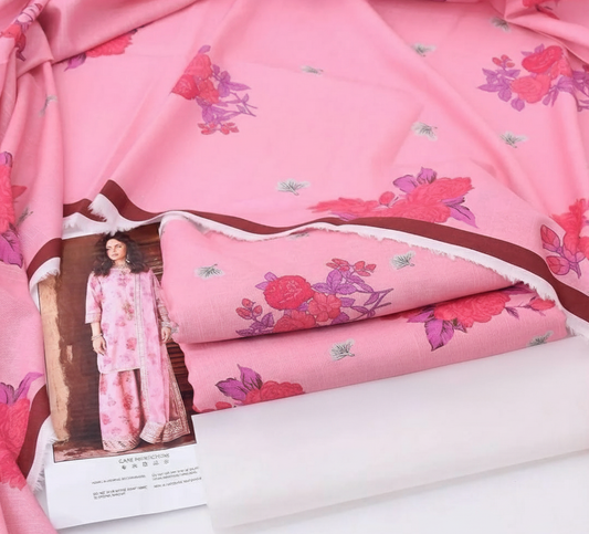 💗 Luxury Pink Digital Print Khaddar 3-Piece Suit with Khaadi Net Dupatta