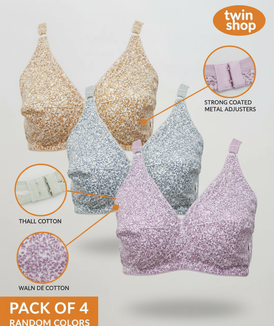Pack of 4 Cotton Printed Bras for Women & Girls – Comfortable & Breathable Everyday Wear