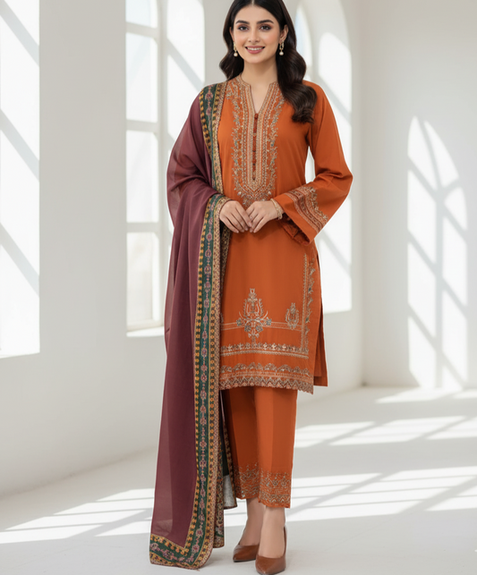 Premium Dhanak Embroidered 3-Piece Winter Suit – Orange Elegance with Wool Digital Dupatta
