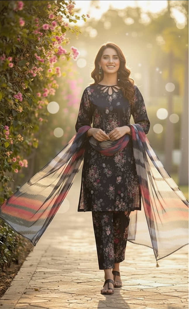 Classic Printed Khaddar 3-Piece Suit – Timeless Winter Elegance