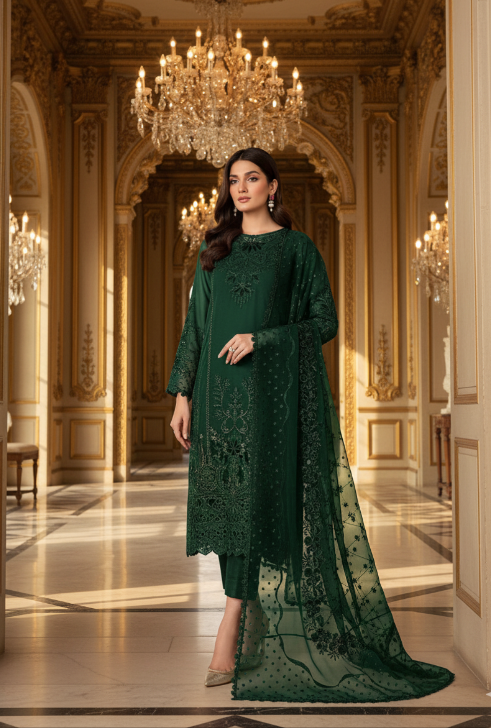 Elegant Green Chiffon 3-Piece Suit with Patch Work & Sequins Embroidery