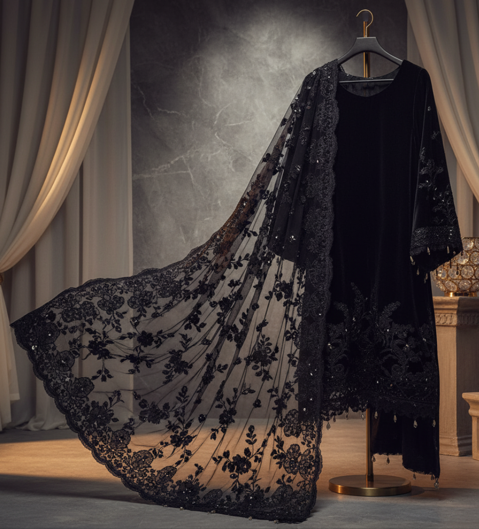 “Midnight Elegance – Premium Black Katan Silk 3-Piece Ensemble with Sheer Net Dupatta”