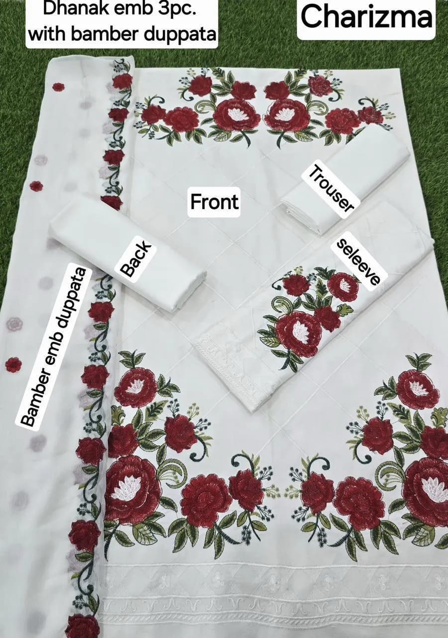 Luxury White Dhanak Embroidered 3-Piece Winter Suit – Bamber Embroidered Dupatta Edition