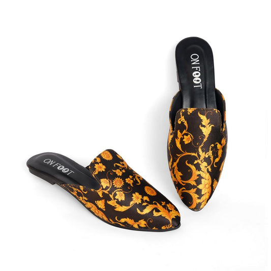 GlamHive™ Black Printed Fabric Mules – Chic Style & Effortless Comfort for Every Occasion