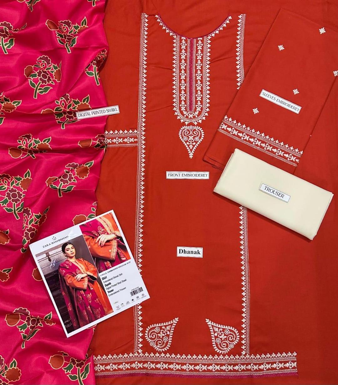 Luxury Dhanak Embroidered 3-Piece Winter Suit – Orange Glow with Wool Digital Dupatta