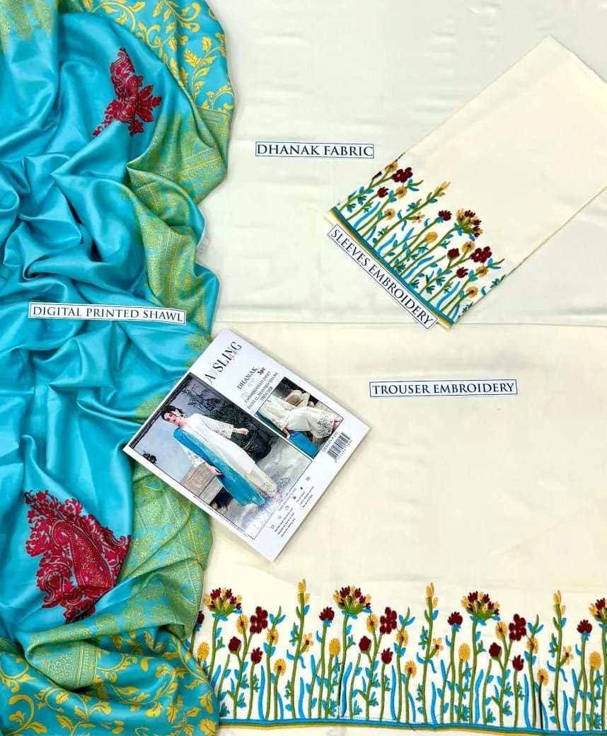 Off-White Dhanak Embroidered 3-Piece Winter Suit with Wool Digital Dupatta