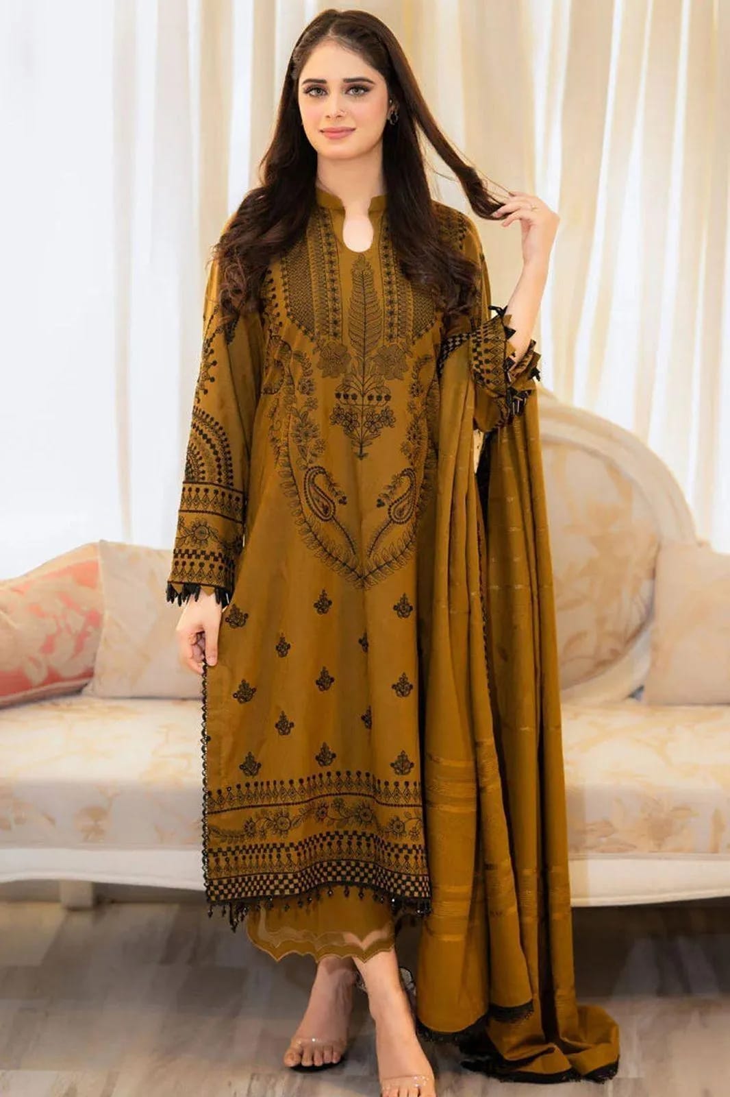 Luxury Mustard Embroidered Dhanak 3-Piece Suit – Winter Royal Collection