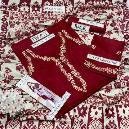 Regal Maroon Dhanak Embroidered 3-Piece Suit with Marina Digital Dupatta