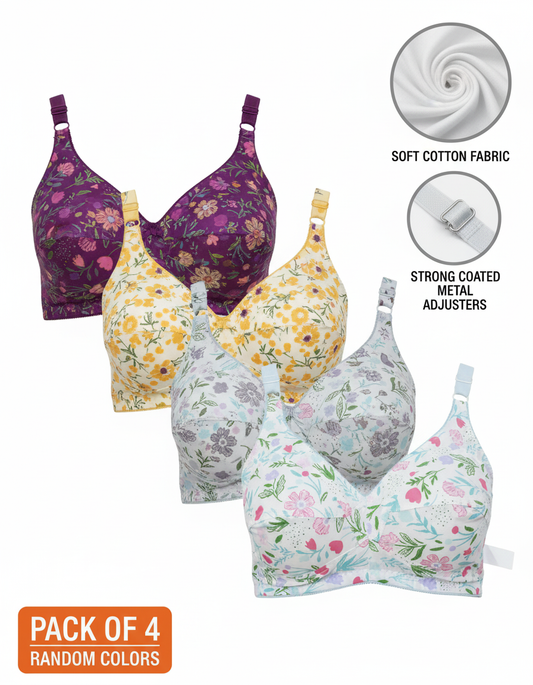 Pack of 4 Cotton Printed Bras for Women & Girls – Comfortable & Breathable Everyday Wear