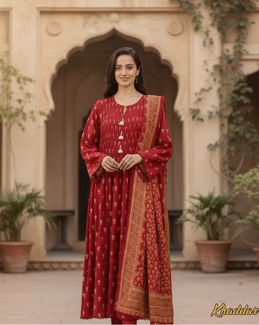 💫 Crimson Bloom – Digital Printed Khaddar 3-Piece Suit