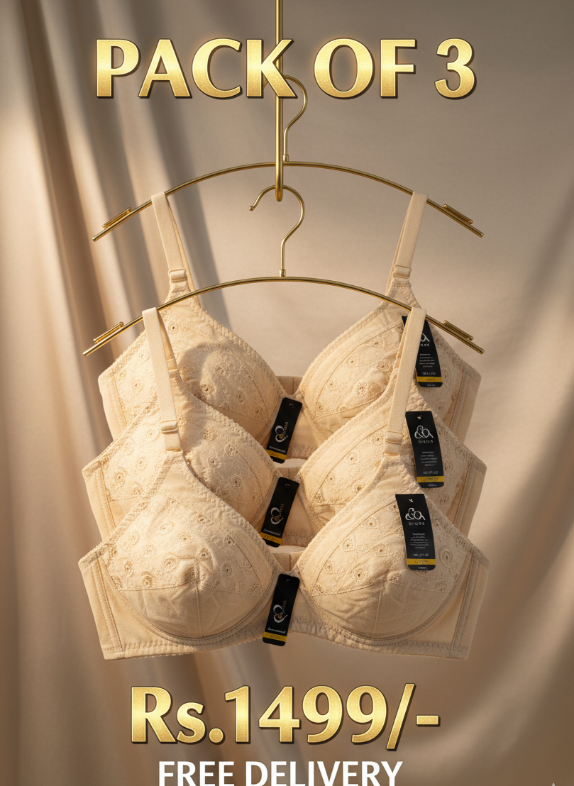 3-Piece Premium Chikan Embroidered Cotton Bra Pack