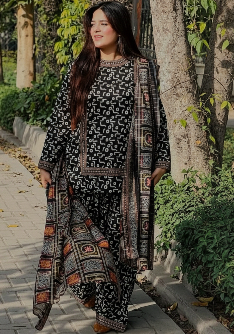 Black Digital Khaddar 3-Piece Set – Printed Shirt, Trouser & Dupatta