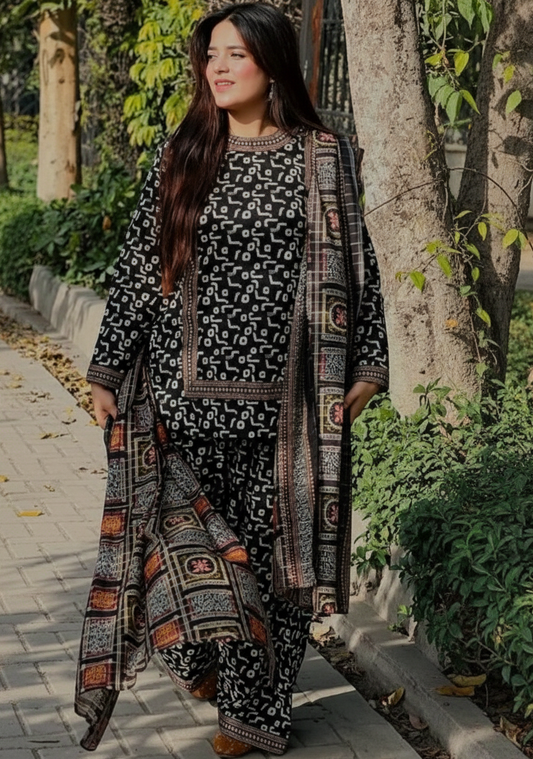 Black Digital Khaddar 3-Piece Set – Printed Shirt, Trouser & Dupatta
