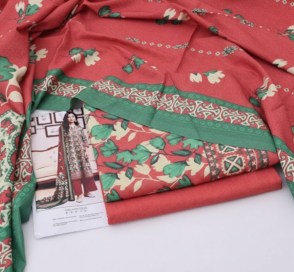 ❤️ Premium Red Dhanak Printed 3-Piece Suit – Winter Luxury Collection