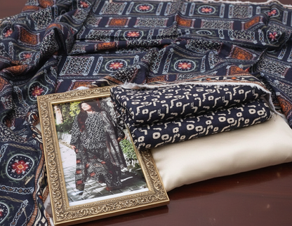 Black Digital Khaddar 3-Piece Set – Printed Shirt, Trouser & Dupatta