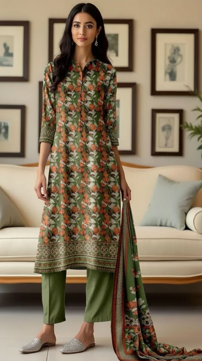 💚 Emerald Grace – Printed Dhanak 3-Piece Suit