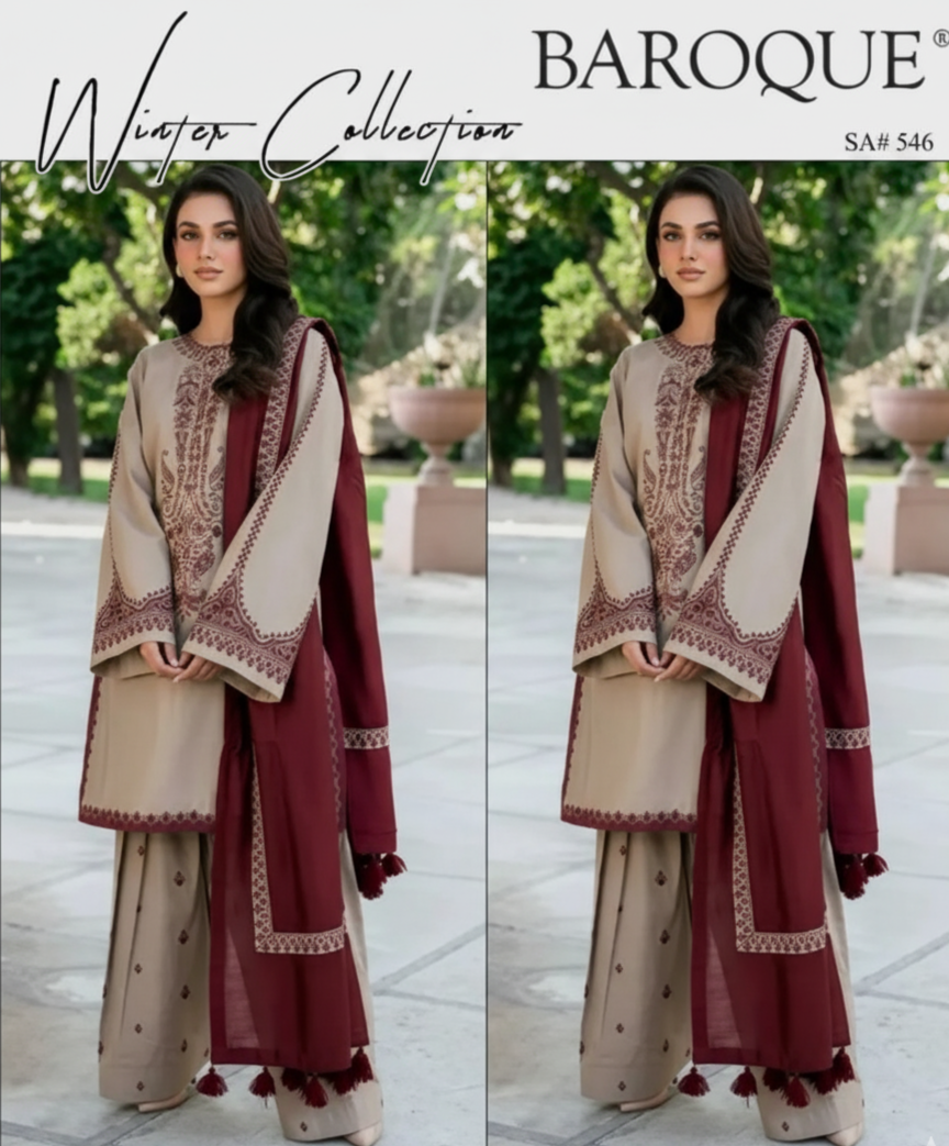 Elegant Dhanak Embroidered 3-Piece Winter Suit – Timeless Warmth & Style