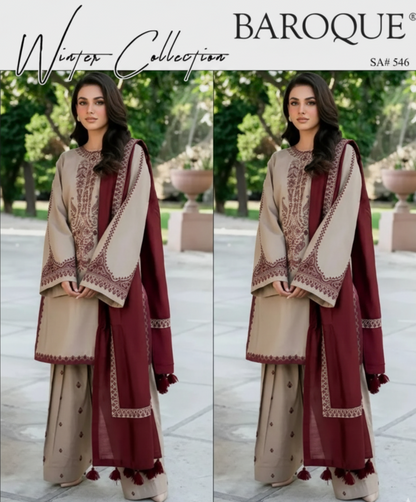 Elegant Dhanak Embroidered 3-Piece Winter Suit – Timeless Warmth & Style