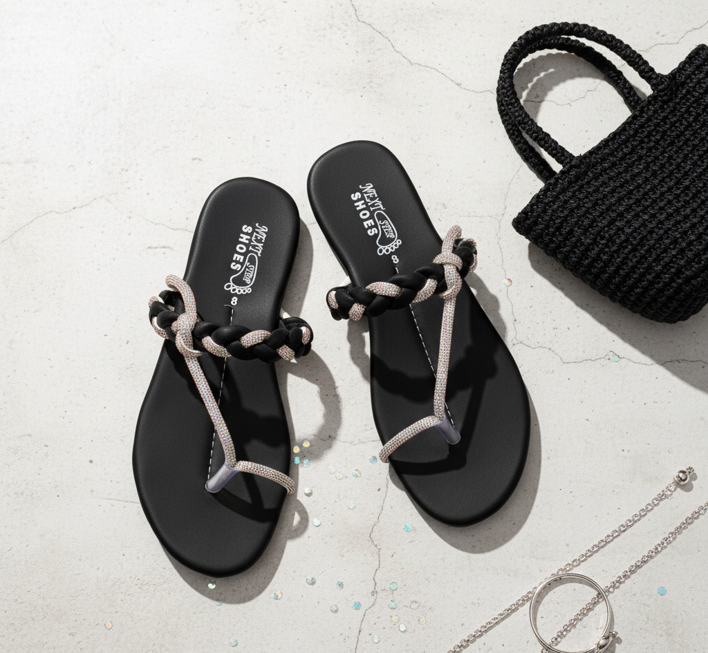 “GlamHivePK™ Black Satin Rhinestone Kolhapuri – Elegant Formal Women’s Chappal 💎 | Free Delivery 🚚”