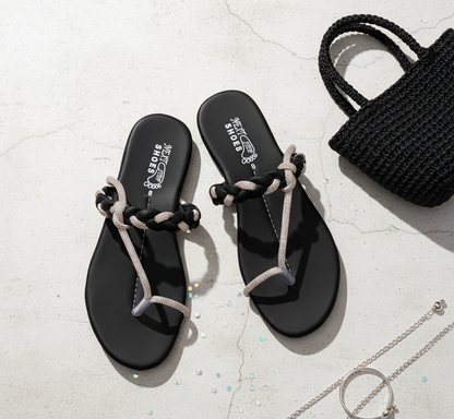 “GlamHivePK™ Black Satin Rhinestone Kolhapuri – Elegant Formal Women’s Chappal 💎 | Free Delivery 🚚”