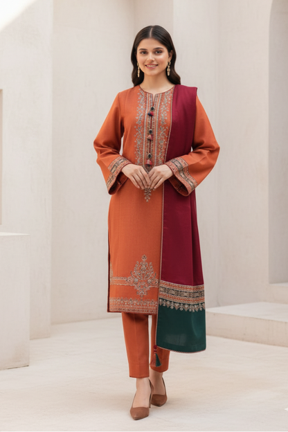 Premium Dhanak Embroidered 3-Piece Winter Suit – Orange Elegance with Wool Digital Dupatta