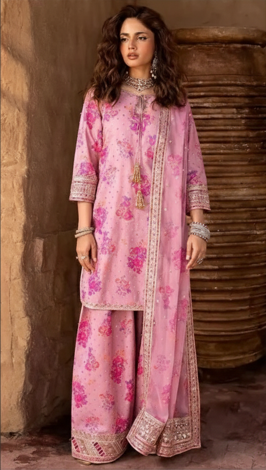 💗 Luxury Pink Digital Print Khaddar 3-Piece Suit with Khaadi Net Dupatta