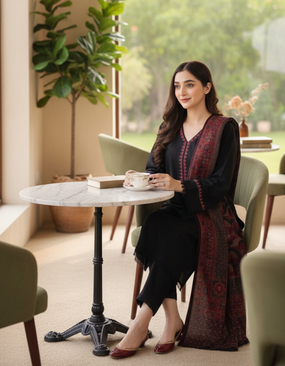 ❄️ Elegant Winter Dhanak Suit – Embroidered Shirt with Printed Dupatta & Plain Trouser