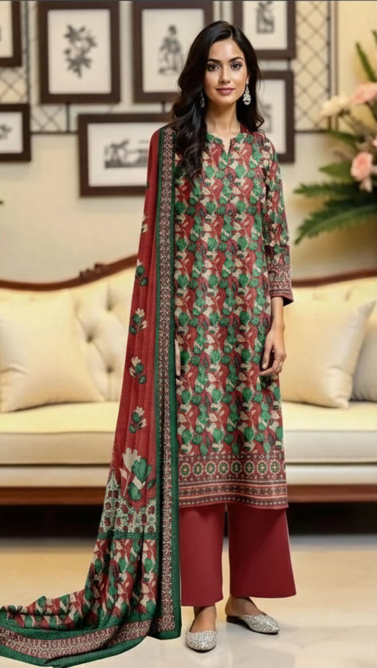 ❤️ Premium Red Dhanak Printed 3-Piece Suit – Winter Luxury Collection