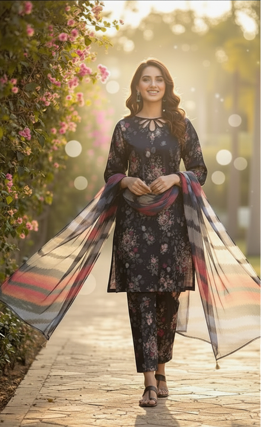Classic Printed Khaddar 3-Piece Suit – Timeless Winter Elegance