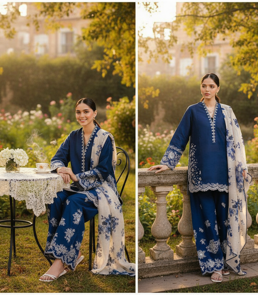 Royal Blue Embroidered Dhanak 3-Piece Suit with Wool Digital Dupatta