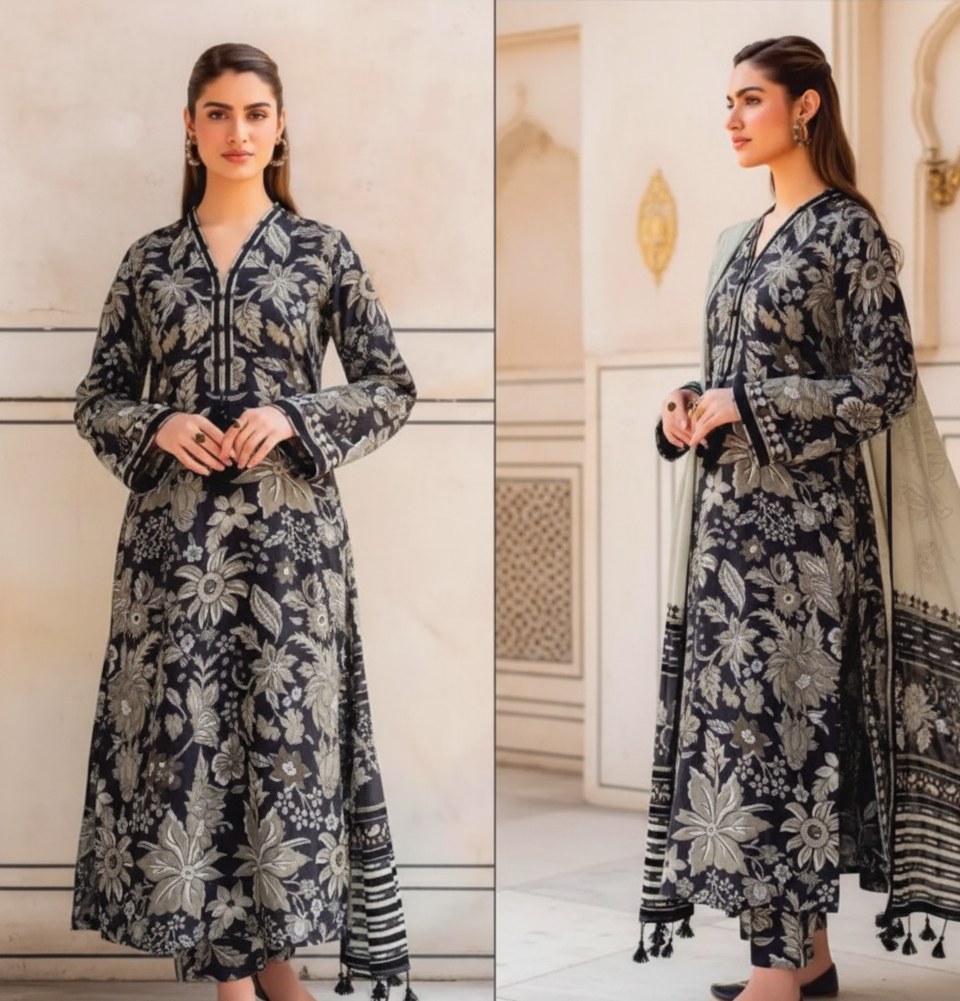 🖤 Luxury Black Karandi Digital Print 3-Piece Suit