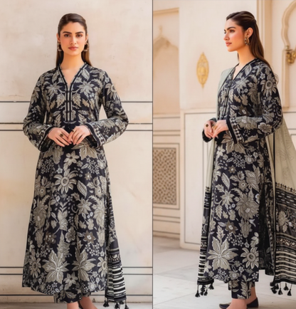 🖤 Luxury Black Karandi Digital Print 3-Piece Suit