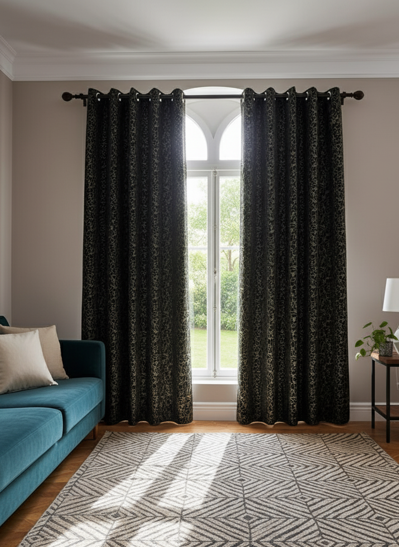 Sleek Black Textured Jacquard Curtain – Modern, Elegant & Ready to Hang