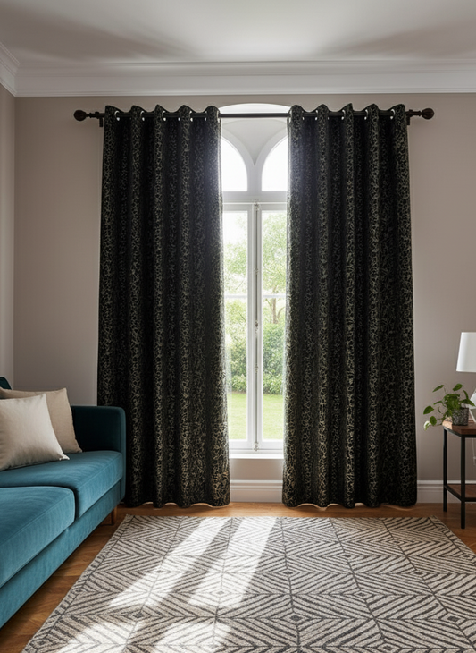 Sleek Black Textured Jacquard Curtain – Modern, Elegant & Ready to Hang