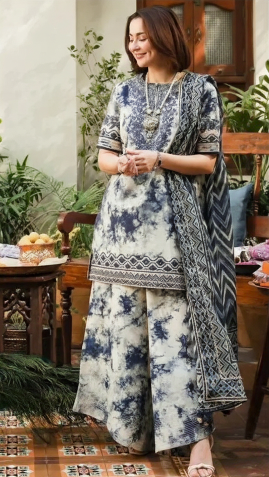 💎 Royal Azure – Digital Printed Khaddar 3-Piece Suit