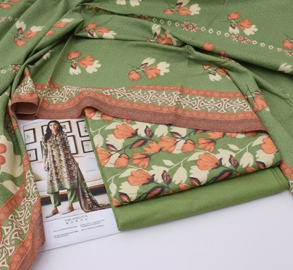 💚 Emerald Grace – Printed Dhanak 3-Piece Suit