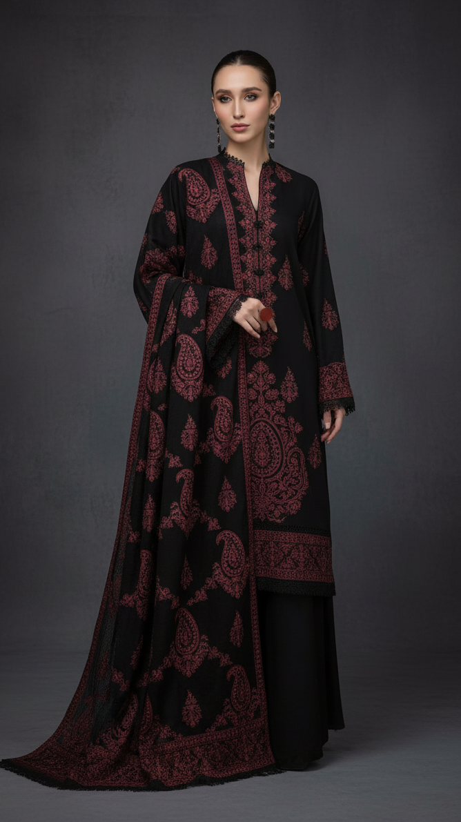 Luxury Black Embroidered Dhanak 3-Piece Suit with Patch Work & Dupatta