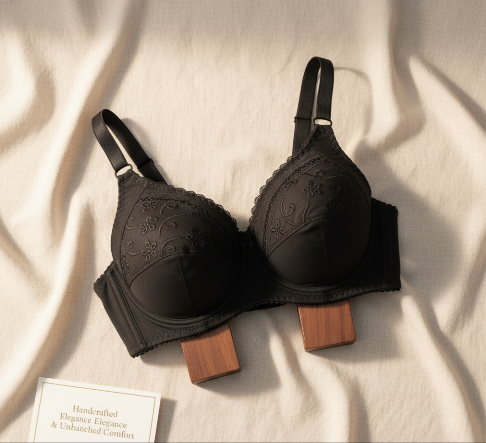 Elegant Black Chikan Embroidered Cotton Bra – Comfort Meets Style