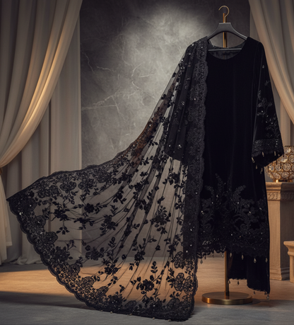 “Midnight Elegance – Premium Black Katan Silk 3-Piece Ensemble with Sheer Net Dupatta”