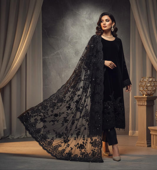 “Midnight Elegance – Premium Black Katan Silk 3-Piece Ensemble with Sheer Net Dupatta”