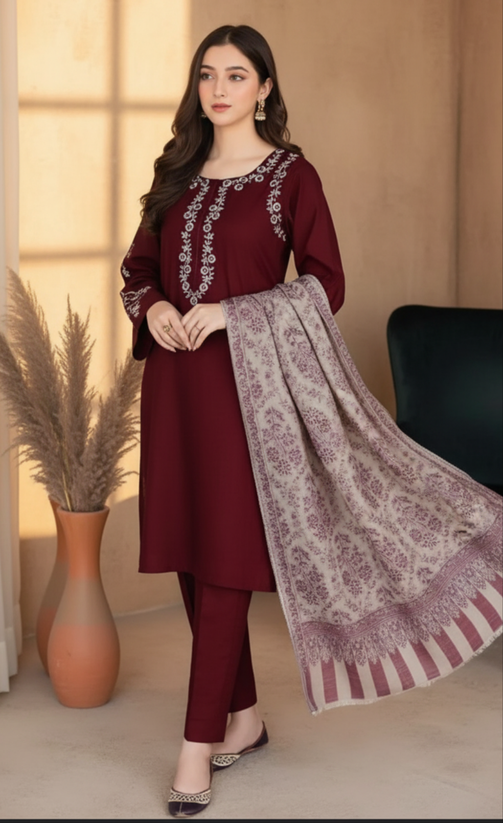 Regal Maroon Dhanak Embroidered 3-Piece Suit with Marina Digital Dupatta