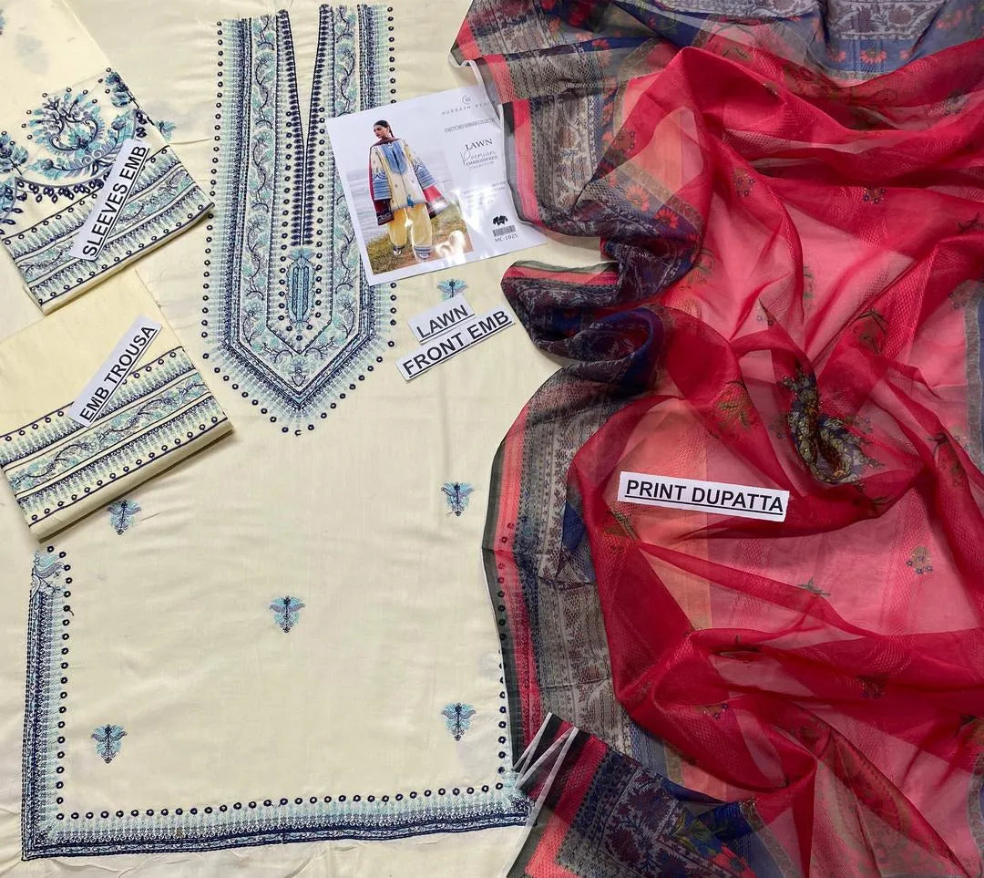 Ivory Elegance – 3-Piece Embroidered Lawn Suit with Digital Print Dupatta | Off White