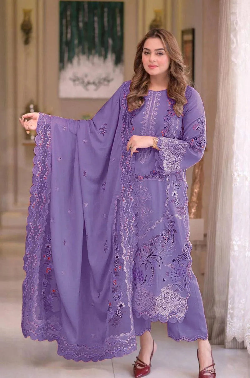 Royal Chikankari – 3-Piece Embroidered Lawn Suit with Net Dupatta | Purple