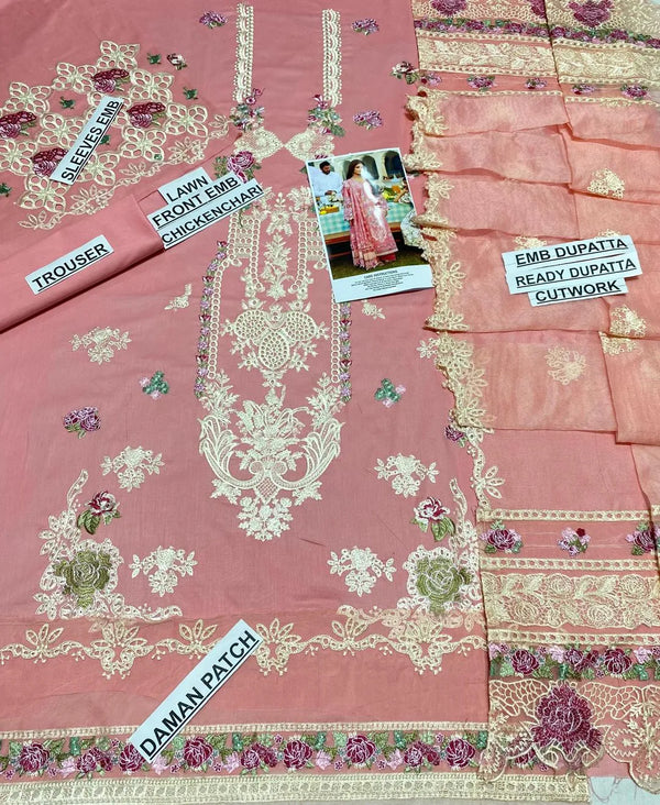 Blush Elegance – 3-Piece Chikankari Embroidered Lawn Suit with Net Dupatta | Pink