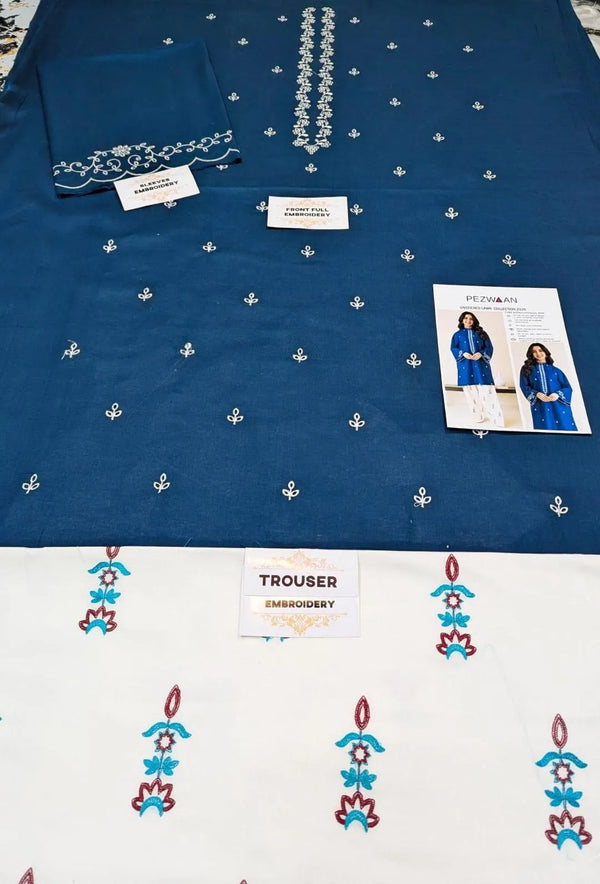 Blue 3-Piece Embroidered Lawn Suit – Elegant & Sophisticated